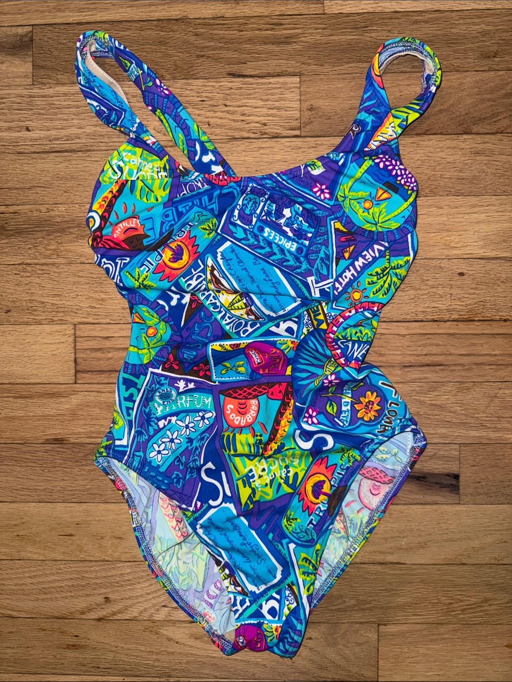 Vintage Lands End 80s 90s swimsuit wear one piece cross back built in bra 8 S/M